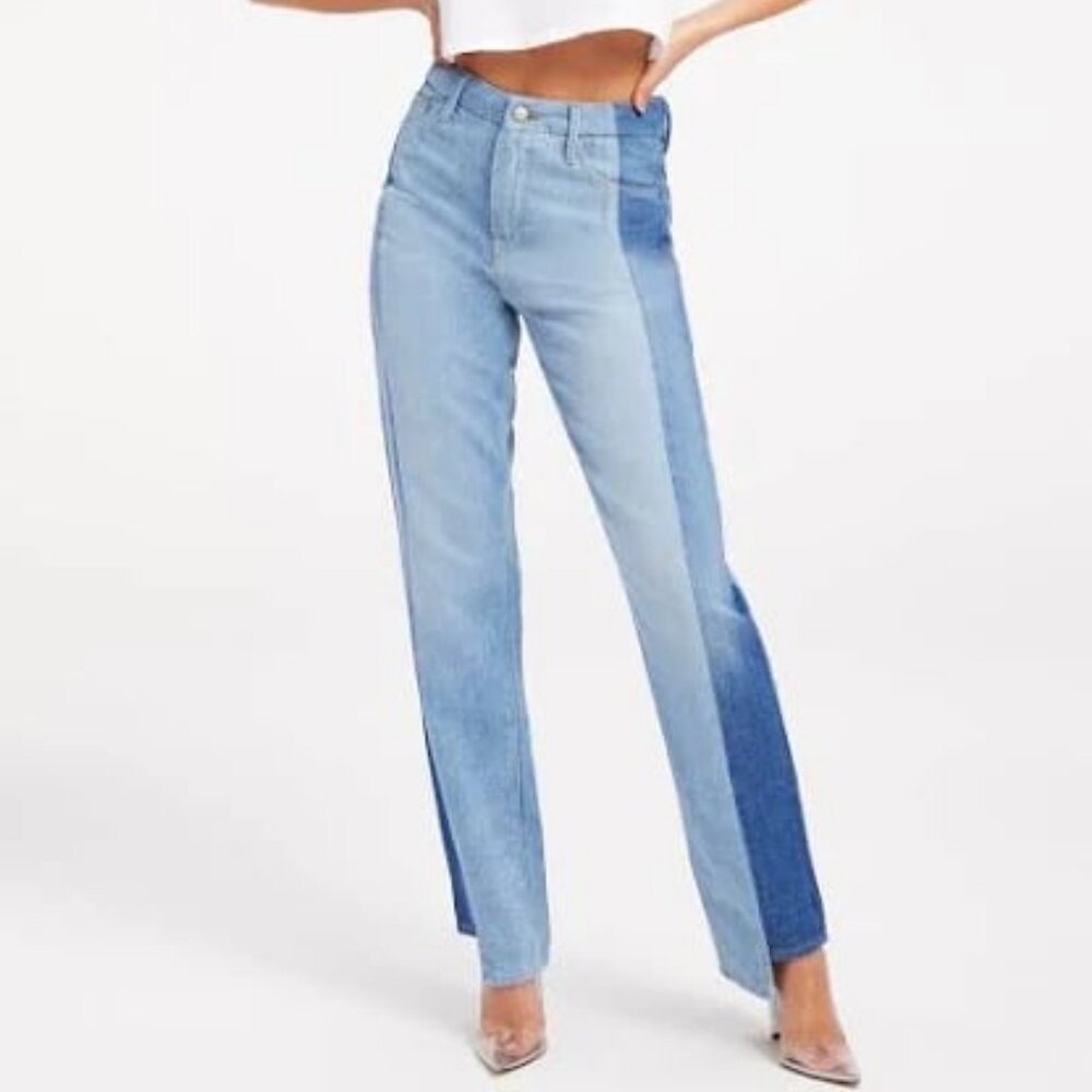 GOOD AMERICAN Good Boy Jean Vintage High Waist Step Hem 2-tone Blue 6\28 NWT
